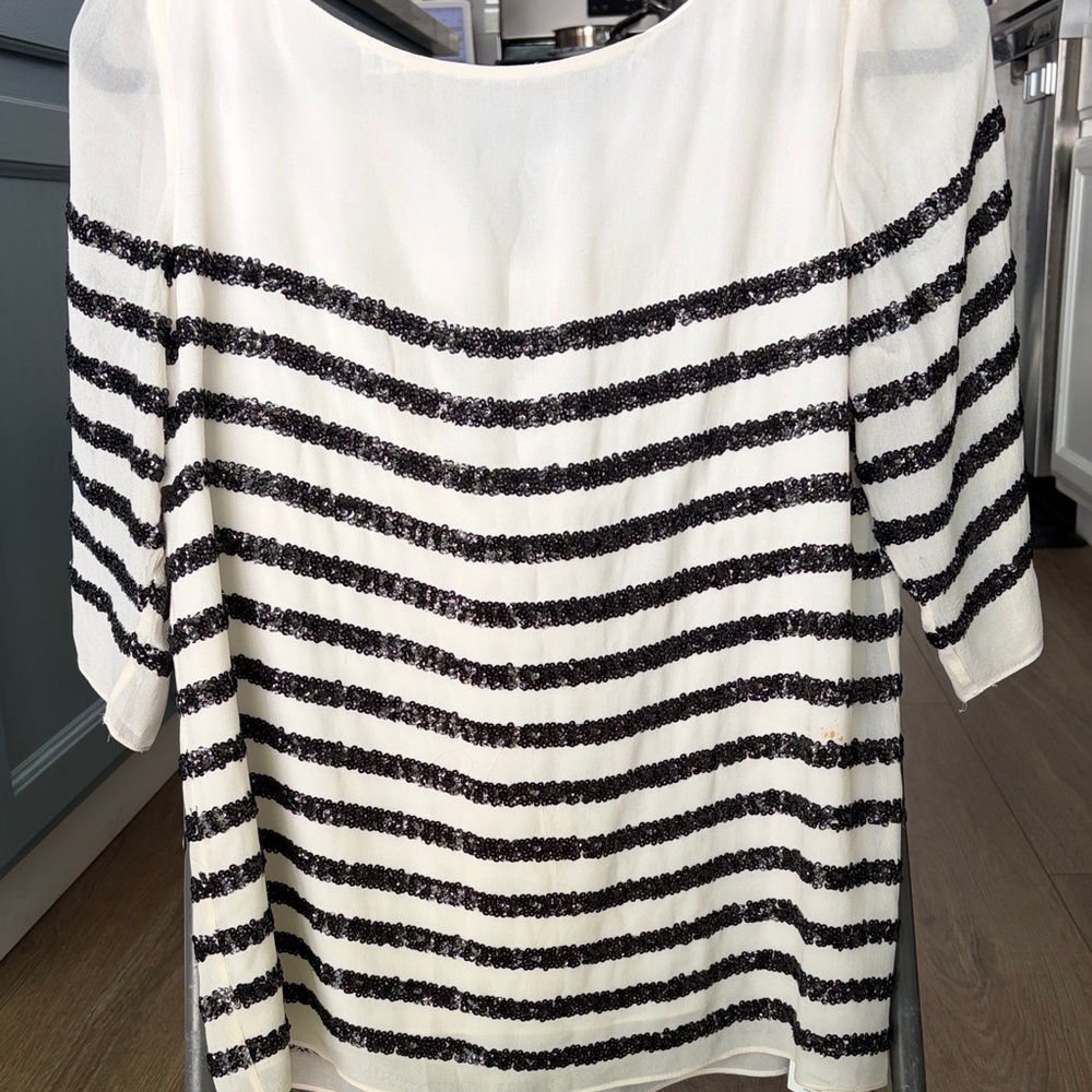 Women’s Cream Striped Knit Top with Black Sequined Stripes